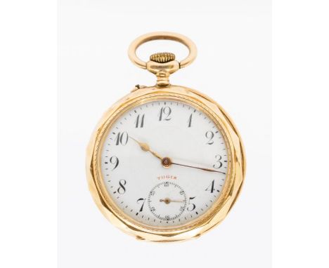 An early 20th century 14ct gold open faced pocket watch for the Dutch market, comprising a white dial with painted Arabic hou