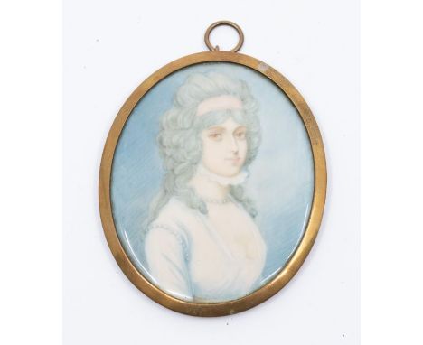 18th Century School Portrait miniature of a Lady, wearing pearl necklace, with powdered hair, her white dress with pearl deta