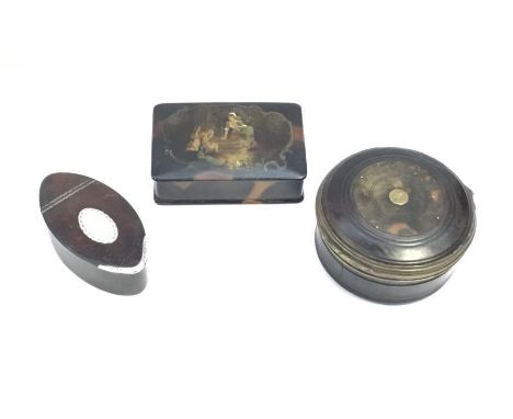 Three Georgian era boxes, to include: a navette shaped wooden snuff box with white metal mounts (assessed to be silver), with