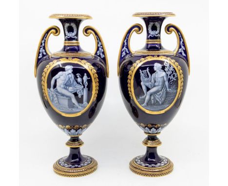 A pair of 19th Century Worcester (Kerr & Binns, circa 1862-1862) Limoges style two handled amphora vases painted by Thomas Bo