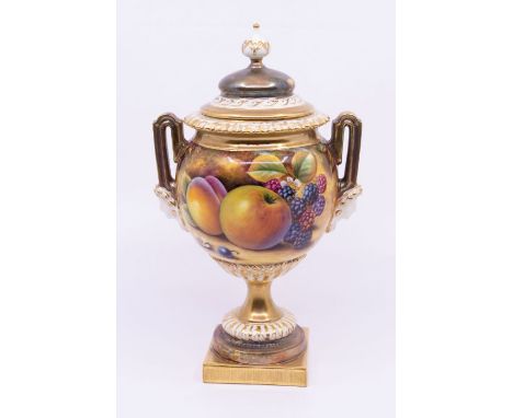 A Royal Worcester two handled vase and cover, shape no 2362, ovoid from painted with fallen fruit to include pear, peach, app