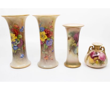 A group of Royal Worcester to include: a pair of trumpet shaped vases, shape no: G923, painted with bouquet of wild flowers, 