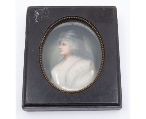 A 19th Century probably German porcelain oval miniature portrait of a Mrs Bridgewater, unmarked, titled verso, 8.5cm long&nbs
