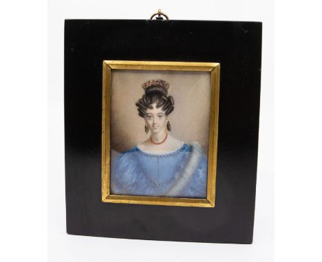 Early 19th Century School, circa 1830 Portrait miniature of a Lady wearing blue dress, coral twist necklace and gold earrings