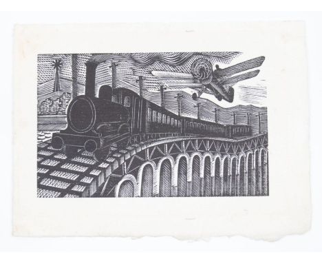 Eric Ravilious (1903-1942)wood engraving image of a Train and Biplane (9.5 x 13cm) signed in pencil by artist and numbered 7 