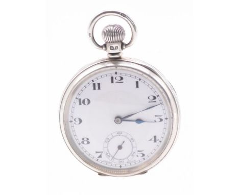 Rolex- an Art Deco  silver cased open faced pocket watch comprising a white enamel dial with black Arabic number markers and 