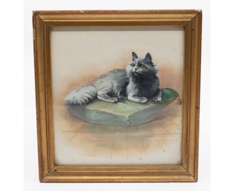 20th Century School, study of a Persian Blue cat on a green cushion, painted on silk, 13.5 x 12.5cm, framed and glazed (1)&nb