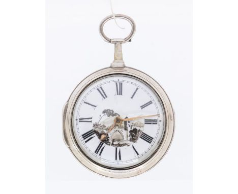 An early 19th century silver pair case pocket watch, comprising a monochrome dial depicting a river scene, numeral markers, o