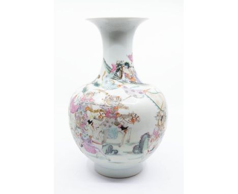 A Chinese Famille Rose porcelain vase, Qinlong seal mark in red but 19th Century, decorated with equestrian and foot soliders