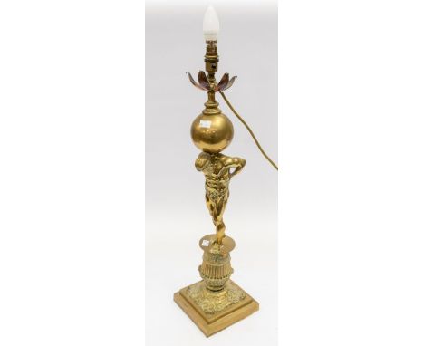 A late 19th century brass lamp cast as Atlas on a plinth, 70cm high (1)&nbsp;