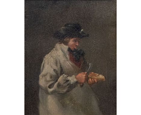 Attributed to George Morland (1763-1804)Portrait of a Gentleman (artist) carving wearing smock-frock, black hat oil on panel,