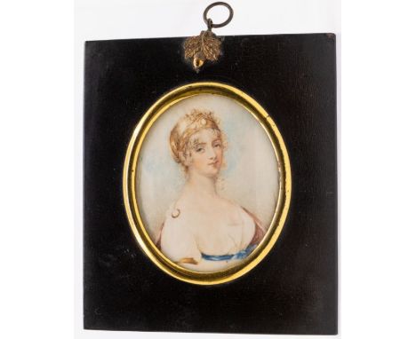 Regency SchoolPortrait miniature of a Lady, white dress with blue sash, she wears a gold and opal diadem, gold shawl circular