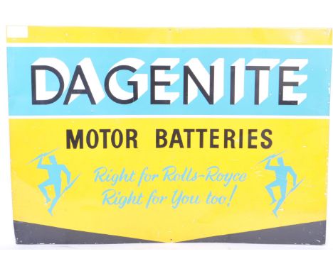 A retro vintage 20th century point of sale advertising Dagenite Motor Batteries tin sign having yellow background with a ligh