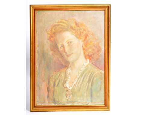 Ewin Wiesman - A mid 20th Century 1940's oil on board half length portrait painting depicting a ginger haired young lady wear