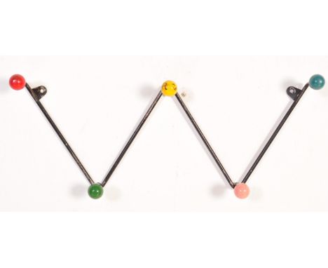 A vintage retro 20th Century sputnik atomic W wirework coat rack having wired body and multicolour wooden coat hooks. 52cm Di