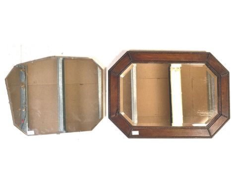A vintage 1920's oak hexagonal Jacobean wall mirror. Cushioned framed surround with embellished detail, bevelled edge mirror 