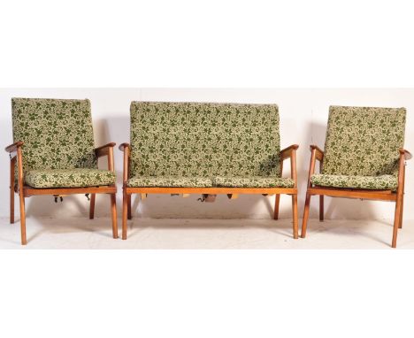 A retro mid century teak wood 3 piece living room suite. Of teak wood construction, the 2 armchairs and two seater sofa sette