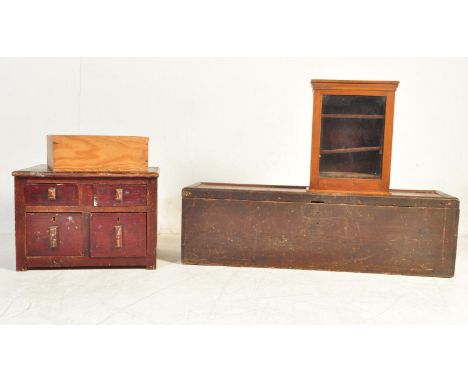 A collection of four vintage industrial factory 20th century wooden chests /&nbsp; boxes comprising of a tool chest, engineer