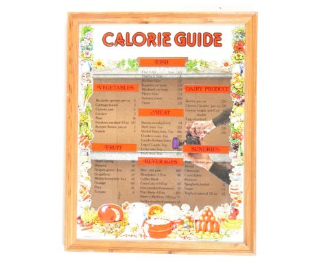 A retro vintage 20th Century 1960's pine framed Calorie Guide kitchen mirror having a list of calorie units per substance wit