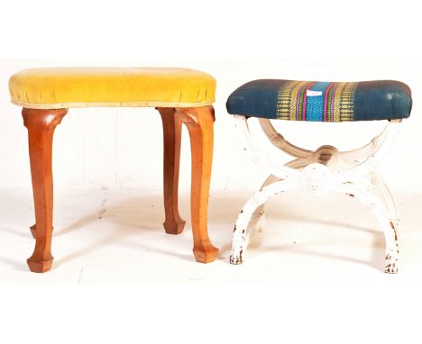 A 1900's Arts &amp; Crafts oak kidney shaped dressing table stool. Raised on hoof feet with kidney shaped yellow velour overs