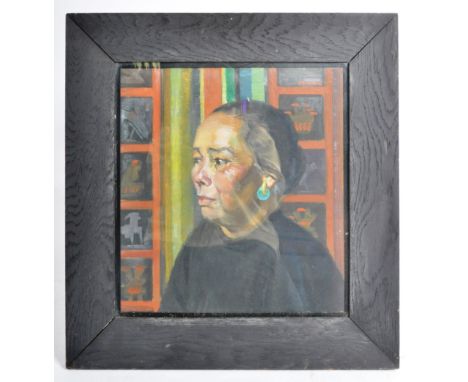 FM White -&nbsp;&nbsp;Portrait of a Chinese maid - A mid 20th Century oil on board portrait painting depicting a Chinese maid