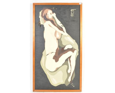 A large mid 20th Century oil on canvas abstract portrait painting depicting a nude lady laying on her side all on black groun