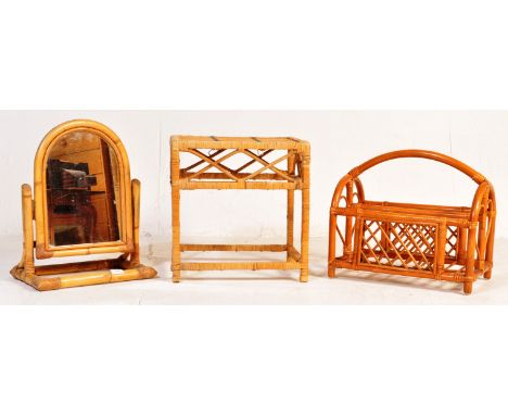 A group of three retro 20th Century bamboo and wicker pieces to include a magazine rack, small side / lamp table of square fo