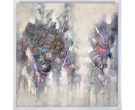 A retro vintage 20th Century abstract oil on canvas painting / artists collage. The hand painted artwork featuring applied nu