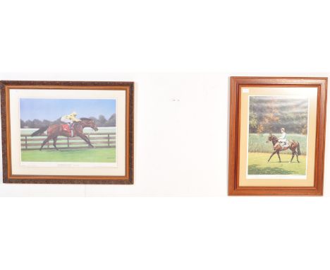 A pair of limited edition late 20th century 1980s horse racing jockey prints. To include limited edition print by Roy Miller 
