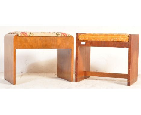 A 1930's Art Deco walnut dressing table stool. The stool with panel sides and qtr bow tops flanking a chintz upholstered seat