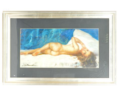 A framed and glazed print in colours depicting a fully nude lady from the back lying upon a bed. Signed in plate to the lower