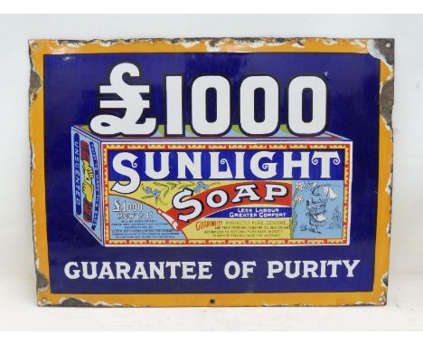 A Sunlight Soap pictorial packet enamel sign, in good condition and a good small size, 20 x 15".
