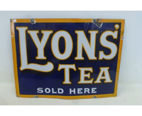 A Lyons' Tea Sold Here rectangular enamel sign by Bruton of Palmers Green, 24 x 18".
