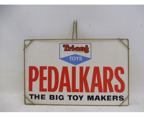 A Tri-ang Toys Pedalkars double sided tin advertising sign in metal hanging bracket, 15 1/2 x 13 1/2" overall. 