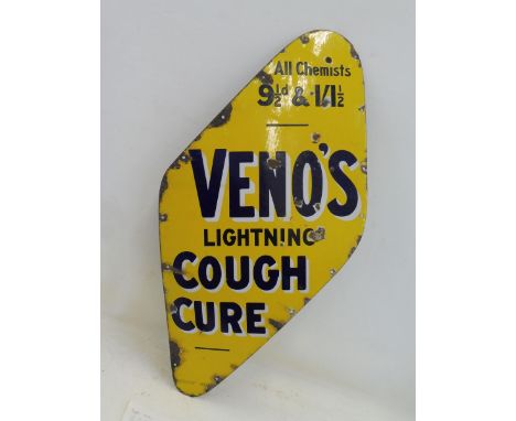 A rare Veno's Lightning Cough Cure enamel sign by Protector, shaped to fit on a tram stairwell,&nbsp;18 1/2 x 33".