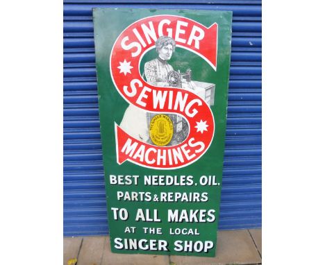 A Singer Sewing Machines pictorial enamel sign with some professional restoration, 27 x 57 1/2".