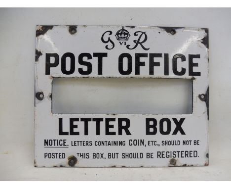 A Post Office letterbox enamel front marked GR with a coronet, 10 x 8". 