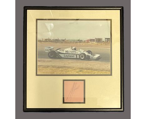 Formula 1 Alan Jones 14x14 inch overall mounted and framed signature piece includes signed album page and vintage Williams Fo