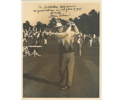 Byron Nelson signed 10x8 inch vintage sepia photo. Dedicated. Good condition. All autographs come with a Certificate of Authe