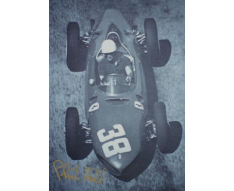 Phil Hill signed 6x4 inch black and white vintage photo pictured driving for Ferrari. Good condition. All autographs come wit