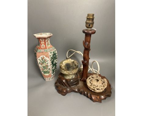 A Chinese hardwood lamp, height 27cm excluding light fitting, two stone carvings and a Japanese vase