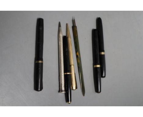 Four small fountain pens including two Swan, an engine turned silver pencil and two other items