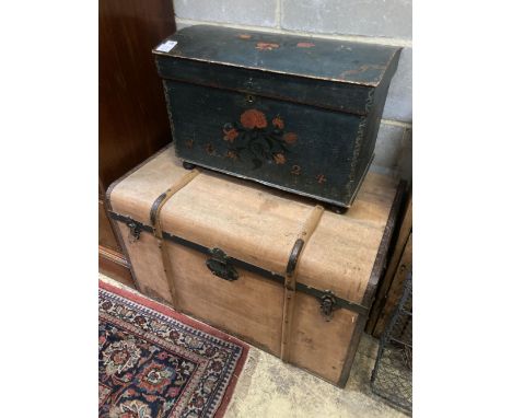 A small green painted pine trunk, width 61cm depth 35cm height 40cm, together with a larger canvas covered trunk