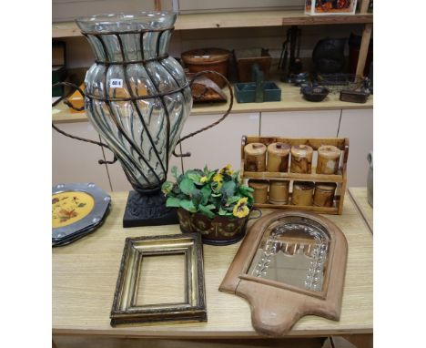 An oval painted tole monteith shape planter, width 32cm., a spice rack, a large glass and wrought metal vase, 62cm, and two o