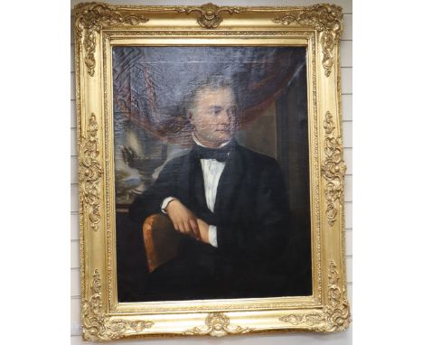 Victorian School, oil on canvas, Half length portrait of a seated gentleman, with urn and gardens beyond, 91 x 71cm