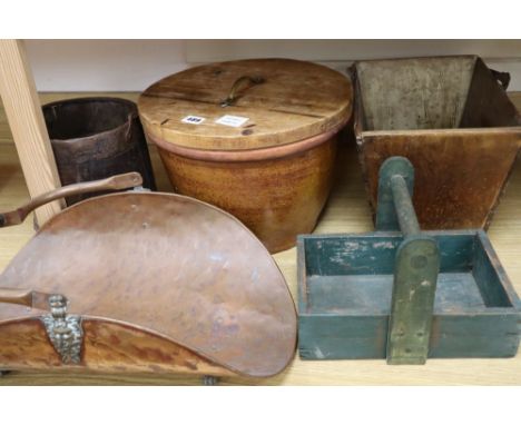 A terracotta bread crock, 35cm diameter, etc. (6)