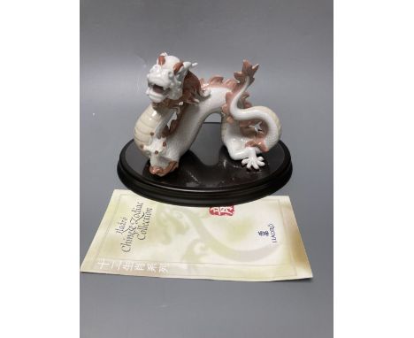 A Lladro porcelain model of a dragon, from the Chinese Zodiac collection, designed by John Coderch, width 16cm, with stand