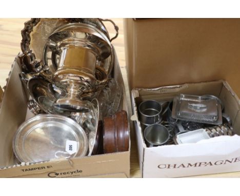 A quantity of silver plated including two silver plated tea sets, a salver and a two branch candelabra and cutlery, in a trun