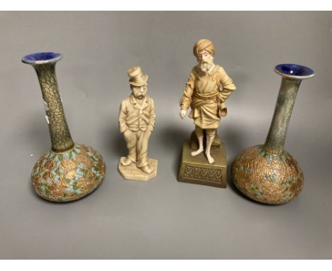 A Royal Worcester figure, an Ernst Wahliss Vienna figurine, and a pair of Doulton vases, tallest 18cm