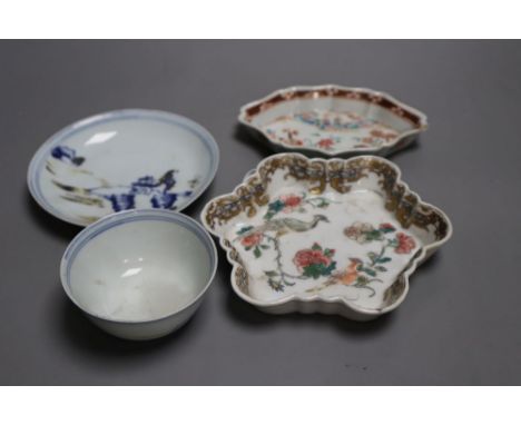 Chinese famille rose teapot stand and a similar spoon, both Yongzheng period and a Nanking cargo tea bowl and saucer, largest